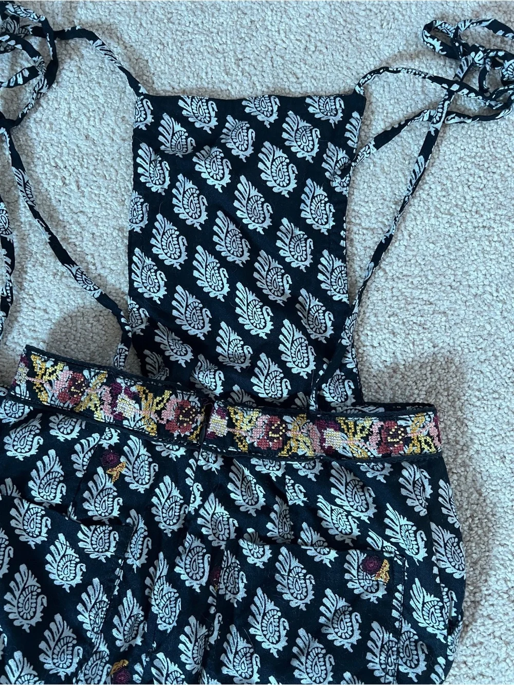 Anthropologie Overalls with White Paisley and Yellow-Pink Floral Accents